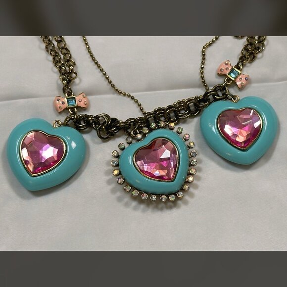Betsey Johnson Hearts & Bows Necklace Chunky Pink & Blue with Gold Choker Boho - Picture 11 of 14